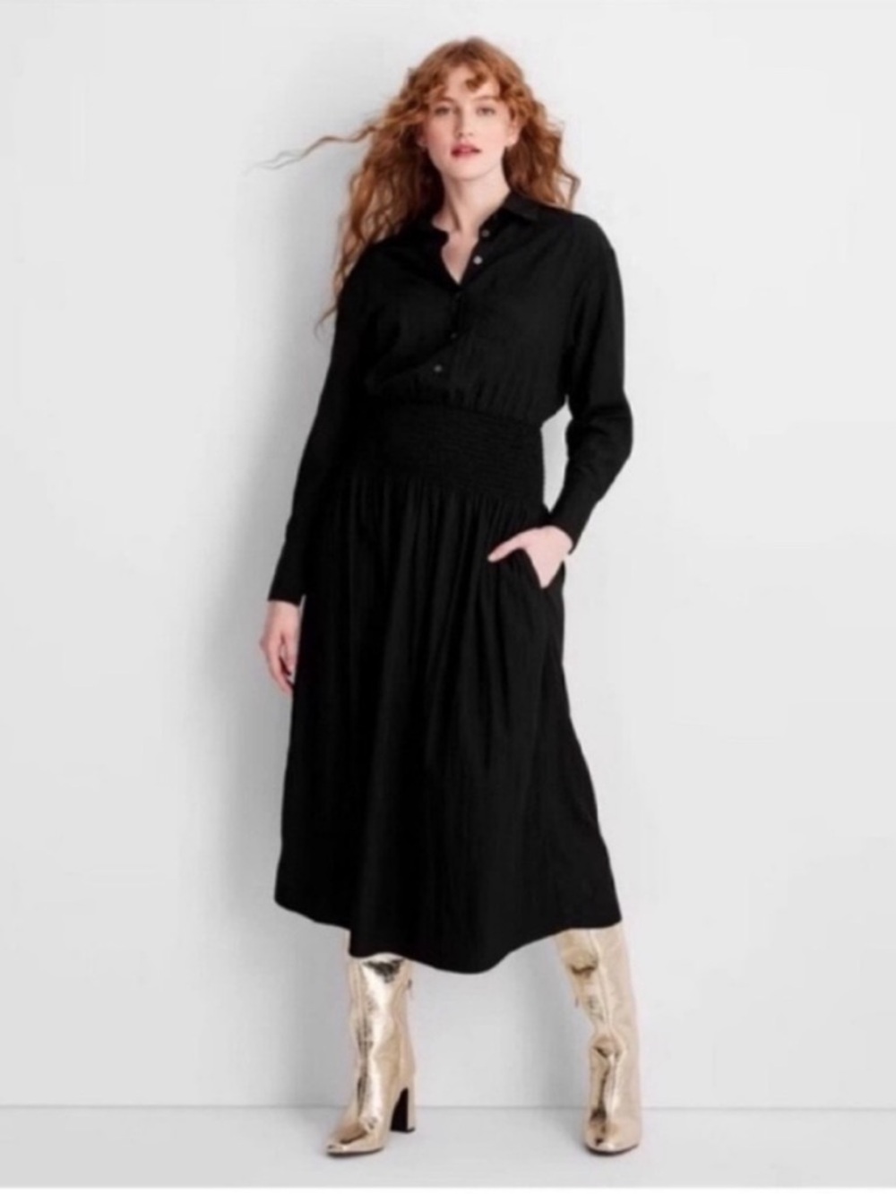 Future Collective Black Long-Sleeve Smocked Waist Midi Dress XS | NWT - Picture 1 of 5